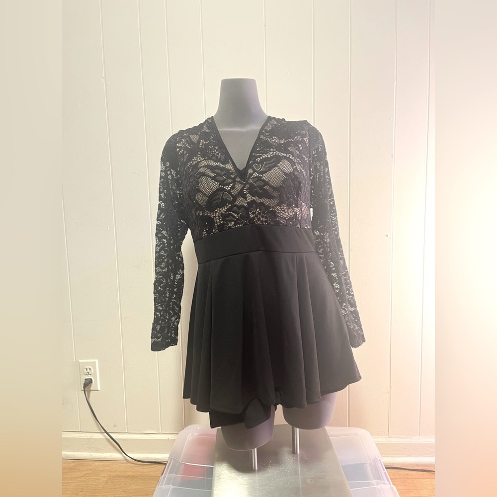 eVogues Plus Size 3X Black Lace Overlay Long Sleeve Romper Dress